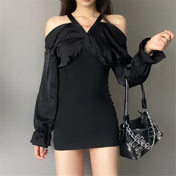 Kadınlar Seksi Uzun Kollu Derin V Yaka Mini Elbise Düz Renk Hollow Out Off-Omuz Slim Fit Patchwork Yüksek Bel Elbise Siyah