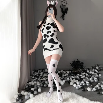 Kadınlar Siyah Beyaz İnek Cosplay Kostüm Egzotik Giyim Lingeries Seksi Anime İnek Cosplay Kıyafeti Backless Kazak Elbise Seti