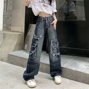 Kadınlar Vintage Y2K Streetwear Baggy Kargo Kot Yüksek Belli Düz Geniş Bacak Pantolon Denim Pantolon Peri Grunge Alt Elbise