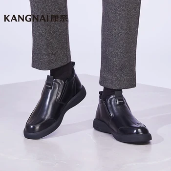 Kangnaı erkek ayakkabısı İnek Deri Kısa Peluş yarım çizmeler İş Rahat Platformu Flats Kış Erkek Ayakkabı