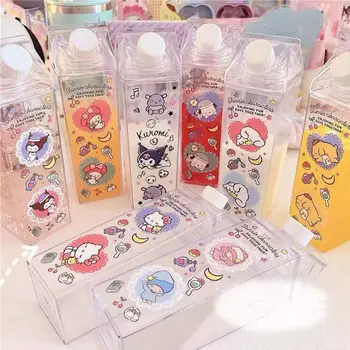 Karikatür Sevimli Kawaii Kare Şeffaf Süt Kutusu Anime Sanrioed Benim Melody Cinnamoroll Kuromi Kawaii Taşınabilir meyve suyu fincanı Su Bardağı