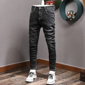 Kore Tarzı Moda Erkek Kot Siyah Renk Elastik Slim Fit Basit Tasarımcı Kot Erkekler Vintage Streç Rahat Kot kalem pantolon