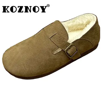 Koznoy 2 cm Doğal Inek Hakiki Deri Sonbahar Kış Kadın Yumuşak Tabanlı Flats Bayanlar Loafer'lar üzerinde Kayma Peluş Sıcak Toka Kayış ayakkabı