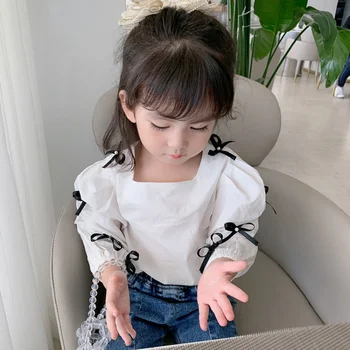 Kız Gömlek 2021 Sonbahar Yeni çocuk Tatlı ve Güzel Kore Yay Kabarcık Kollu sıfır yaka bluzlar Bluz Kız