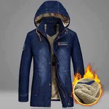 Kış Ceket erkek Kot Ceket Orta uzun Artı Kadife Kalın Sıcak Saf Pamuk Ceketler Mont Kapşonlu Palto Erkekler Rüzgarlık M-5XL