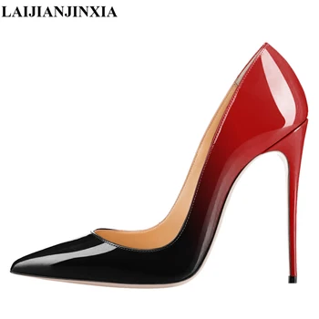 LAIJIANJINXIA Yeni Ayakkabı Kadın Yüksek Topuklu Düğün Ayakkabı Siyah / Kırmızı Rugan Kadın Pompaları Sivri Burun Seksi Yüksek Topuklu Ayakkabılar