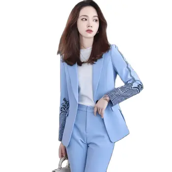 Lenshin Yüksek Kalite 2 Parça Set Resmi Patchwork takım elbise Blazer Ofis Bayan Üniforma Tasarım Kadın İş Ceket ve pantolon