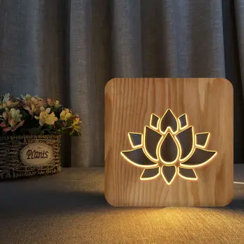 Lotus 3d Led Ahşap Gece Lambası katı ahşap İçi Boş Oyma Led Masa Lambası Dekoratif Hediye Çocuklar için Ev Yatak Odası Ofis Dekor