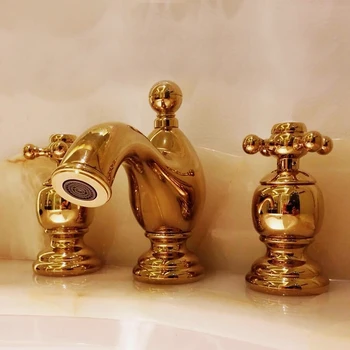 Lüks Altın Avrupa pirinç üç delik Havza musluk Banyo dolabı Çapraz kolu altın Soğuk ve sıcak su dokunun musluk