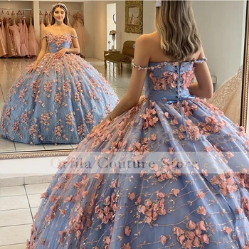 Lüks Kapalı Omuz Quinceanera Elbise 2022 Korse Geri 3D çiçek Aplike vestido 15 anos Kızlar için Meksika Balo Parti Törenlerinde