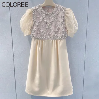 Lüks Kristal Boncuk Elbiseler Kadınlar için 2022 Tasarımcı Zarif O-Boyun Kısa Kollu A-line Mini Elbise Kore Moda Streetwear