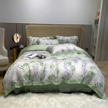 Lüks Yeşil nevresim takımı Yüksek Yoğunluklu Saten Yorgan yatak örtüsü seti çarşaf Yastık Kılıfı Ev Tekstili Kral Kraliçe Boyutu 4 ADET