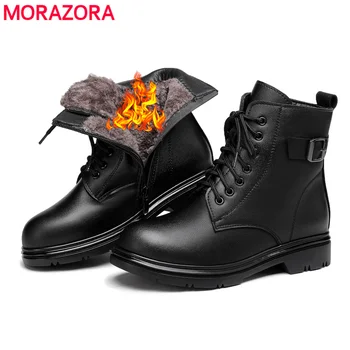 MORAZORA Boyutu 35-43 Hakiki Deri yarım çizmeler Kalın Kürk Kış Kar Botları Kadın Lace Up Sıcak Yün bayan Botları Bayan ayakkabıları