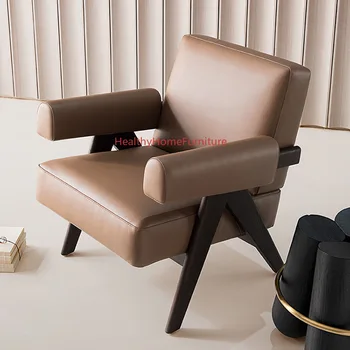 Masif ahşap Deri Sanat tekli koltuk Modern Boş Sandalye Moda Tasarımcısı Satış Ofisi Resepsiyon Koltuğu Müzakere Koltuk