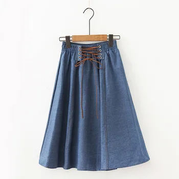 Mavi Midi Diz Boyu Vintage Kot Etek Kadınlar için İlkbahar Yaz Moda Lace up Yüksek Bel Etek Kadın Güneş Okul Kot Etek