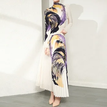 Miyake issey Miyake Pilili Takım Elbise Kadınlar için 2022 Sonbahar Yeni Model Moda Baskı Uzun Kollu Yüksek Boyun Üst + Yüksek Bel Etek İki parçalı Set