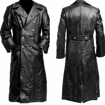Moda Erkek Yaka pu deri motosiklet ceketi Askeri Siyah Uzun Trençkot Deri Palto Kruvaze Uzun Pu Ceket