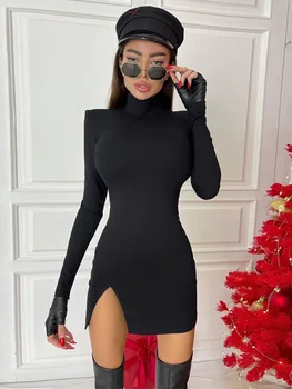 Moda Topraklar Gotik Siyah Uzun Kollu Paket Kalça Mini Elbise Zarif Kadın Bodycon Sonbahar Bahar Ince Koyu Seksi Parti Elbiseler