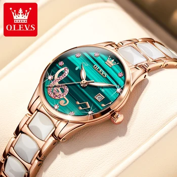 OLEVS High-end Lüks Elmas quartz saat Bayanlar Moda Yeşil Kadran Aydınlık El Su Geçirmez Seramik Çelik İzle Kadınlar 3605