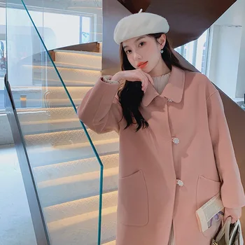Pembe Tatlı Güzel yün paltolar Sonbahar Kış Uzun Gevşek Çift Yün Palto Kadın Moda Kore Giyim Ceketler Karışımları Kız
