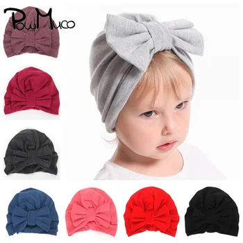 Powmuco Bebek Kız Düz Renk Sonbahar Kış sıcak Şapka Bebek Yay Şapka Sevimli Yenidoğan İlmek Kapaklar Çocuk saç aksesuarları