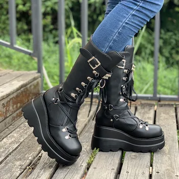 Punk Botas De Mujer Cadı Buffalo Londra Ayakkabı Platformu Platformu Yüksek Takozlar Topuklu Siyah Gotik Buzağı Çizmeler kadın ayakkabıları Büyük