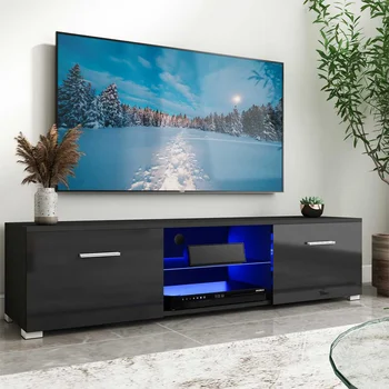 RGB LED TV masaları Oturma Odası için 57 İnç TV Dolabı Standları Modern Mobilya TV Ünitesi Braketi 2 Çekmeceli ve Cam Raflar