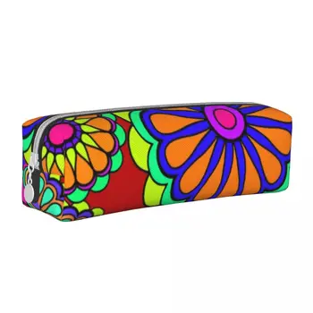 Renkli Çiçek Güç Kare Kalem Kutusu Retro Tarzı Hippy Genç Retro Deri Kalem Kutusu Üniversite Fermuarlı Kalem Çantaları