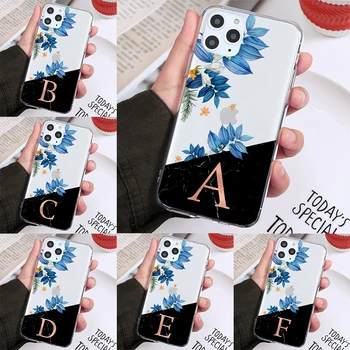 Sanat İlk Pembe Mektup Mavi Çiçekler Telefon Kılıfı için iPhone 13 12 11 Pro Max XS Max X XR Alfabe Şeffaf Yumuşak Kapak