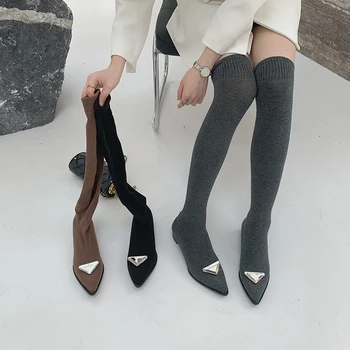 Sivri Burun Kadın Çorap Çizmeler Siyah Gri Kahverengi Örgü Üzerinde Kayma Düz Düşük Topuklu Diz Çizmeler Üzerinde Sonbahar Streç Ayakkabı Kristal