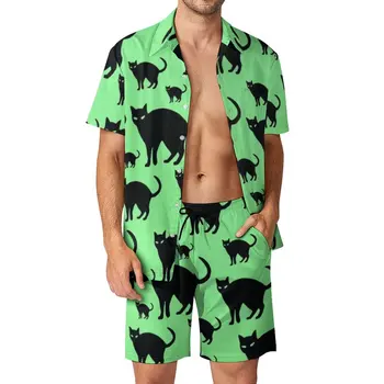 Siyah Kedi Desen Erkekler Setleri Komik Hayvan Baskı Rahat Şort Yaz Yenilik Beachwear Gömlek seti Kısa Kollu Büyük Boy Takım Elbise Hediye