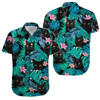 Siyah Kedi Tropikal Yapraklar Çiçek havai gömleği Rahat, Kedi Yaz Kısa Kollu Düğme Aşağı Gömlek Erkekler Kadınlar için Hediyeler