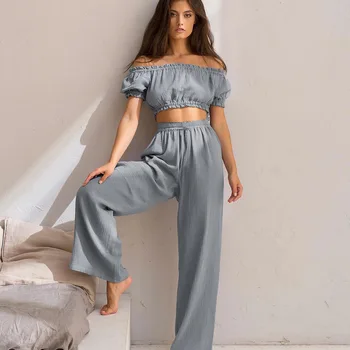 Slash Boyun 2 ADET Pijama Takım Elbise Pantolon Kadın Kısa Kollu Uyku Seti 2022 Ev Giyim Pijama Kıyafeti Samimi İç Çamaşırı