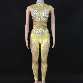 Sparkly Seksi Altın Sparkly Taşlar Bodysuit Kadınlar Kutlamak Tulum Şarkıcı Dansçı Performans Moda Streç Tayt O