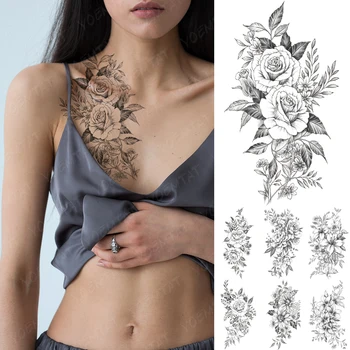 Su geçirmez Geçici Dövme Etiket Siyah Çizgi Gül şakayık çiçekleri Yaprak Ayçiçeği Flaş Dövme Kadın Erkek Kol Vücut Sanatı Sahte Dövmeler