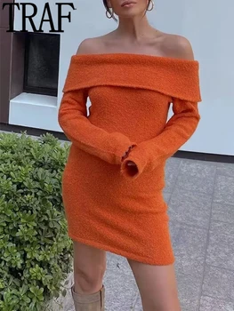 TRAF Kapalı Omuz Örme Elbiseler Kadın Turuncu Kazak Elbise Kadın Uzun Kollu Rahat Kısa Elbiseler Sonbahar Kış Kadın Elbise
