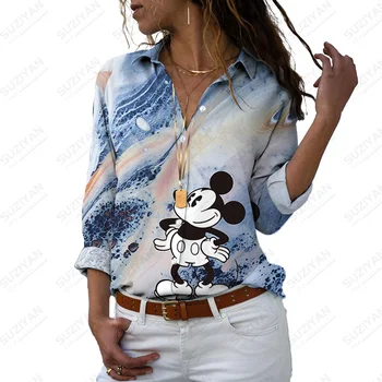 Uzun Kollu Casual Sokak Gömlek Bluzlar Camisa Disney Uzun Kollu Casual Gömlek Kadın Moda Yaka Uzun Kollu
