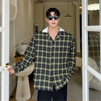 Uzun Kollu Erkek Gömlek Vintage Ekose Kontrast Renk Bluz Kişilik Rahat Gevşek Gömlek Kore Tarzı Gençlik Erkek Giysileri 2022