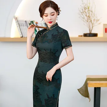 Uzun İpek Saten Geleneksel çin elbisesi Mandarin Yaka 2022 Yaz Yeni Retro Vestidos Kadınlar İnce Cheongsam Qipao Etek