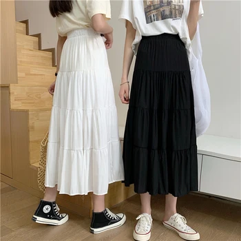 Vintage Kadın Giyim Etekler Yüksek Bel Elastik Patchwork Bahar Yaz Beyaz Siyah Şık Uzun Kek A-line Etek Öğrenci için