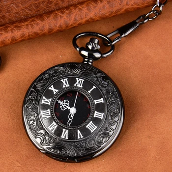 Vintage Siyah Oyma Kuvars cep saati Erkekler için Kazınmış Durumda Romen Rakamı Fob Zincir Kolye Klip Saat Koleksiyonu için Hediye