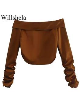 Willshela Kadın Moda Katı Gömlek Vintage Slash Boyun Uzun Kollu Chic Lady Bluzlar