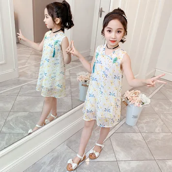 Yaz Kızlar Kolsuz Elbise Çin Tarzı Çocuklar Kızlar İçin Dessses Çocuk Doğum Günü Elbise Kız Hanfu Prenses Elbise 4-12 yıl