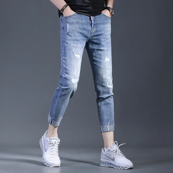 Yaz erkek Mavi Yırtık Kot Rahat Slim Fit Ayak Bileği Uzunlukta Pantolon Kore Tarzı Denim Pantolon