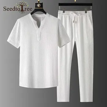 Yaz erkek Set düz renk kısa kollu v yaka T-Shirt elastik bel rahat pantolon ince iki parçalı takım elbise