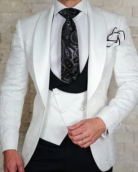 Yeni Varış Groomsmen Beyaz ve Siyah Damat Smokin Şal Yaka Erkek Takım Elbise Düğün En Iyi Adam ( Ceket+Pantolon+Kravat+Yelek) c666