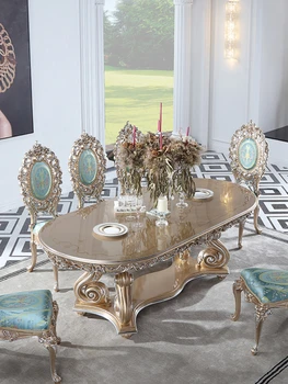 Yüksek kaliteli ahşap oyma 1.9 m lüks Avrupa altın folyo oyma masa ve sandalyeler Fransız villa katı ahşap depolama