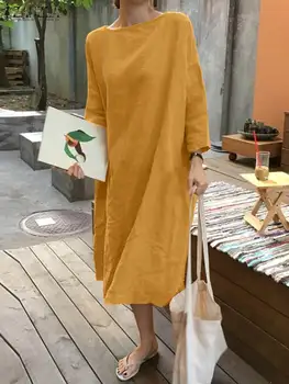 ZANZEA Düz Renk Diz Boyu Vestido Sonbahar Zarif Elbise O-boyun Uzun Kollu Moda Rahat Tatil Elbiseler Kadınlar için 2022