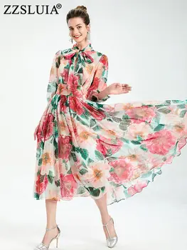 ZZSLUIA Zarif Elbiseler Kadınlar Için Gül Çiçek Baskılı Eşarp Yaka Tasarımcı Ince uzun elbise Moda Fener Kollu Vintage Elbise