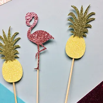 glitter Flamingo ve Ananas düğün doğum günü cupcake toppers Hawaiian Luau parti dekorasyon çörek kürdan